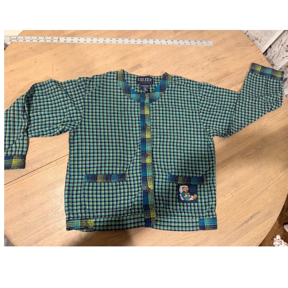 Vintage Esleep Jammies Plaid Pajama Top Green Blue Sleepy Bear Cotton Medium